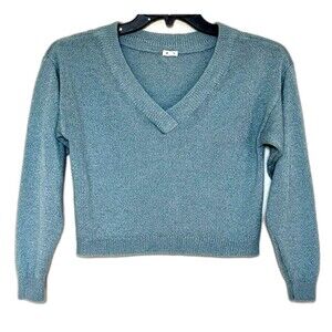 GARAGE Sweater Womens Sz XS Teal V Neck Pullover Cropped Knit Lightweight Top